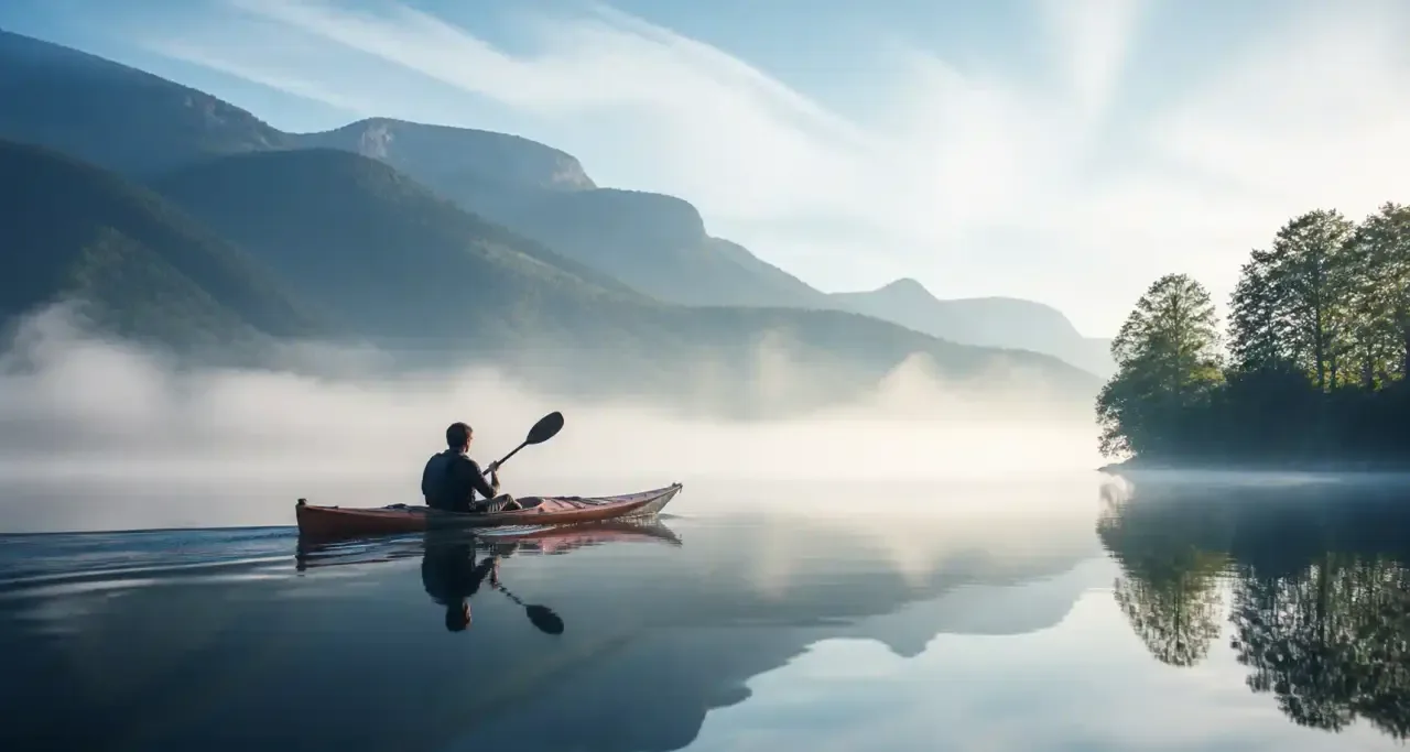 Kayak sur le lac d'Annecy par un matin brumeux, activité de plein air.