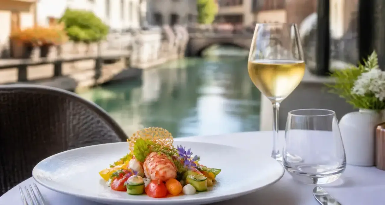 Restaurant en terrasse au bord du canal, à Annecy.