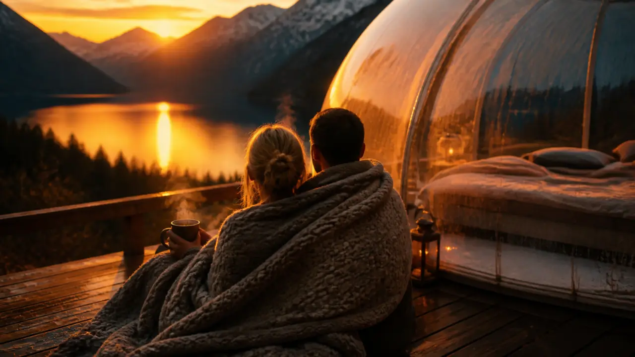 Week end rhone alpes amoureux : couple en bulle spa au bord du lac alpin