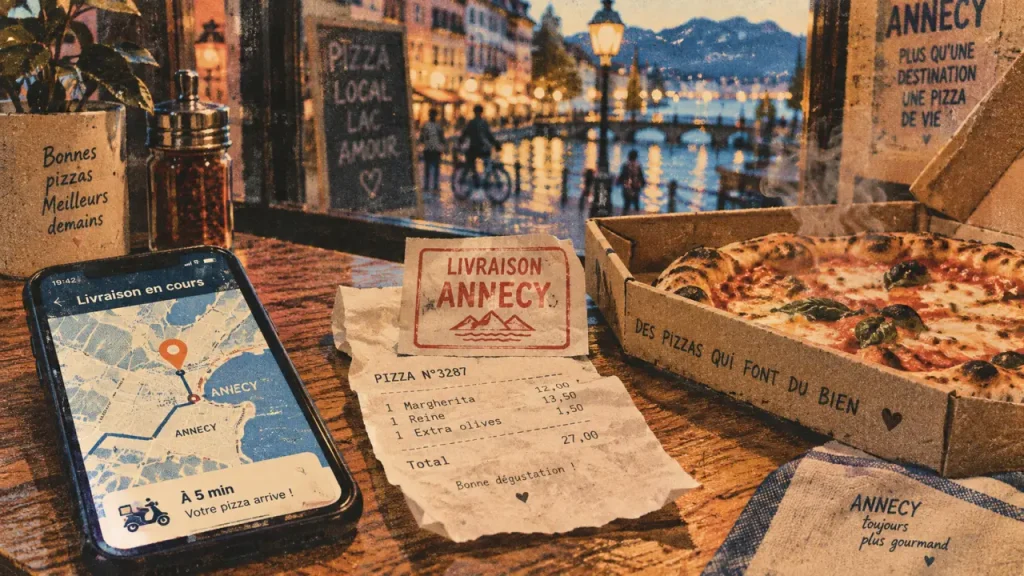 Annecy pizza livraison dès 3 € : carte de zone sur smartphone
