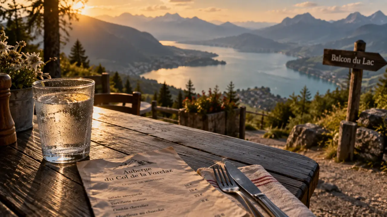 Balcon du lac Annecy, terrasse avec vue sur le lac et montagnes.