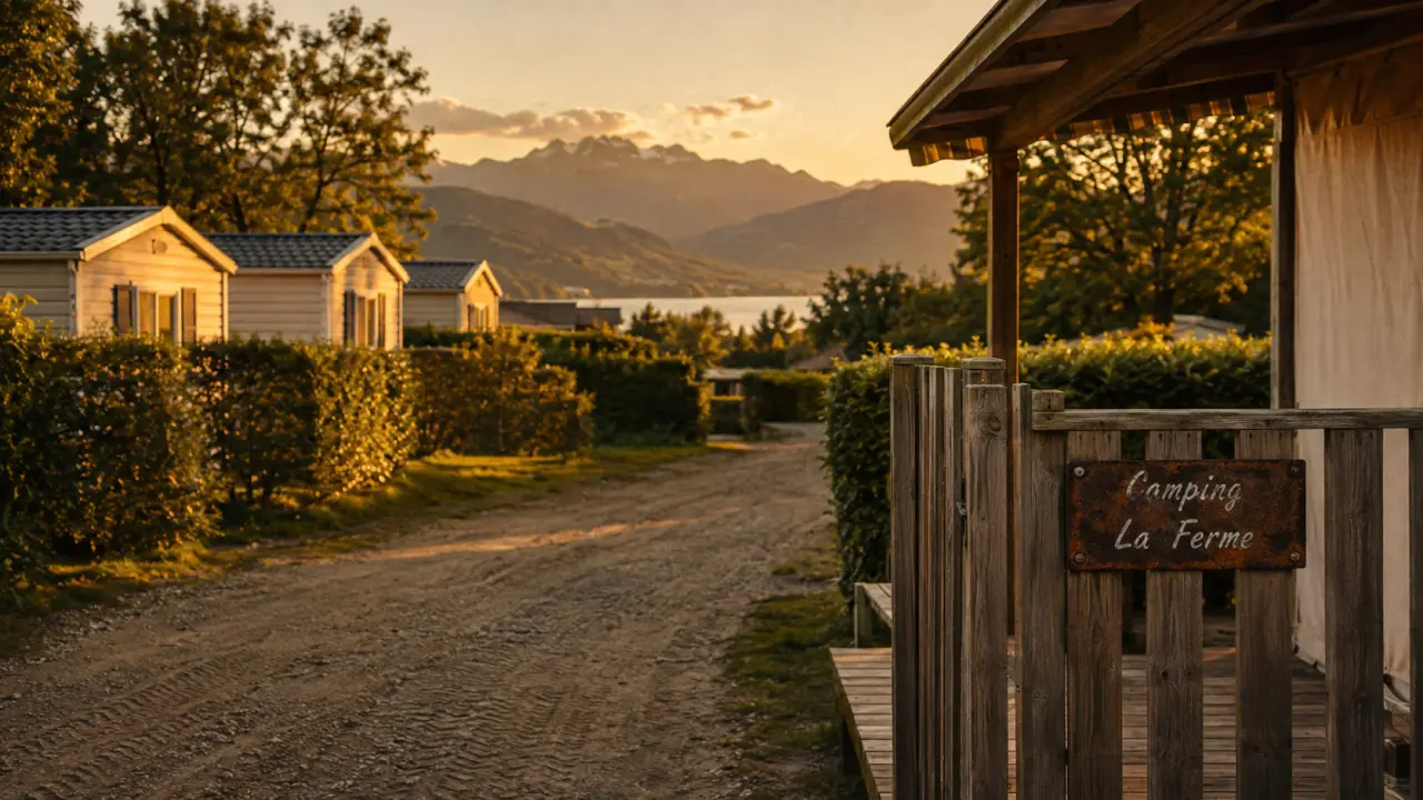 Camping la ferme lac annecy : terrasse et mobil-homes au coucher du soleil