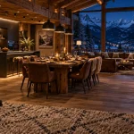 Intérieur chalet alpes luxe : salle et cuisine avec vue montagnes