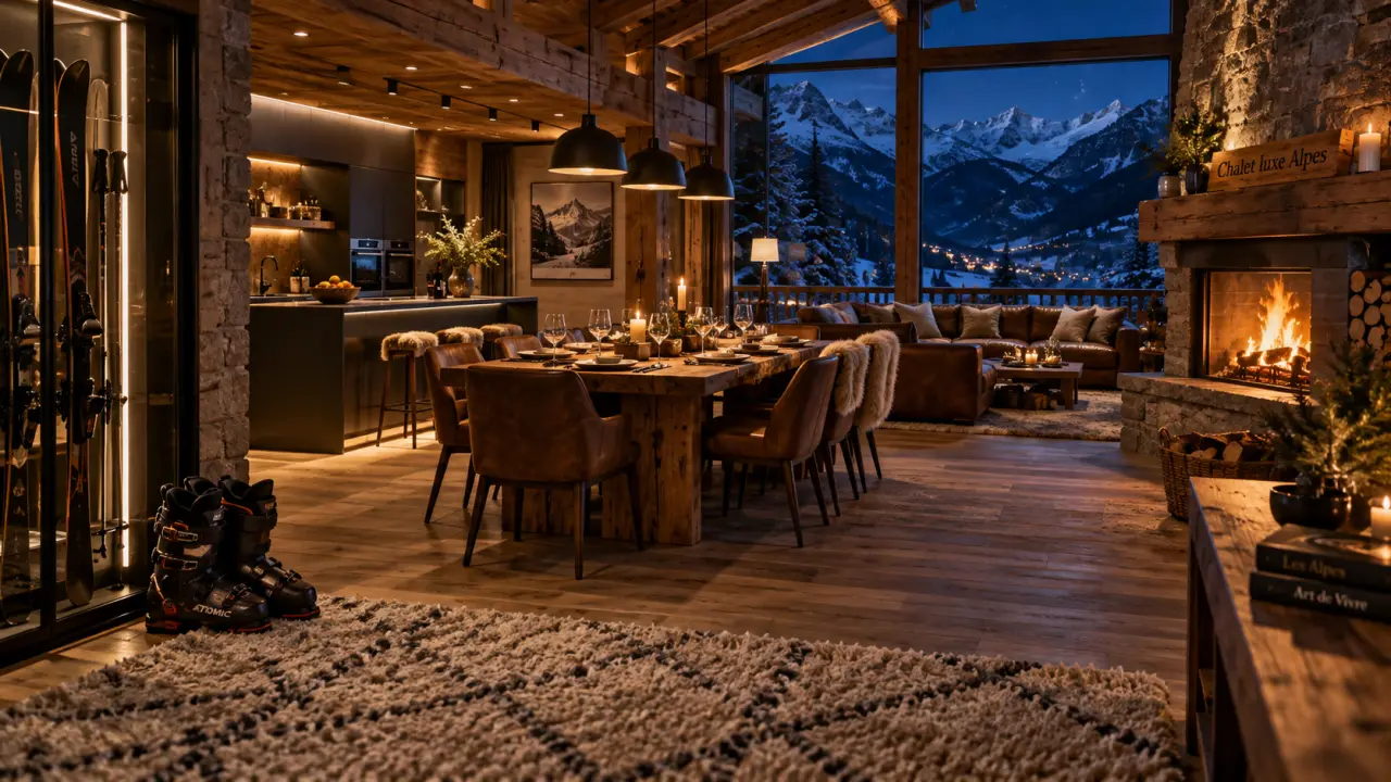 Intérieur chalet alpes luxe : salle et cuisine avec vue montagnes