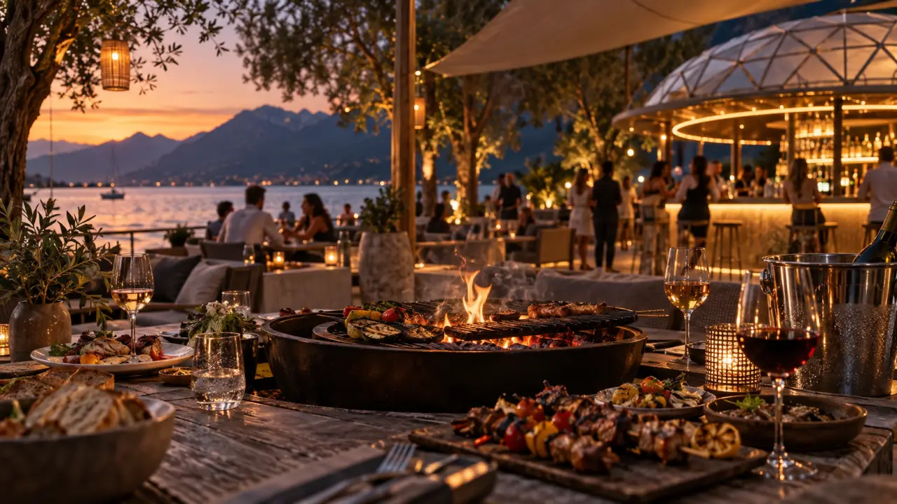 Ébo Annecy restaurant bar au brasero, vue tables et lac à golden hour