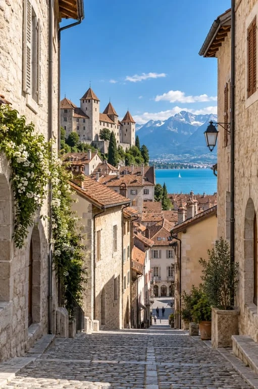 Vieille ville d’Annecy vue depuis le château avec le lac et les montagnes
