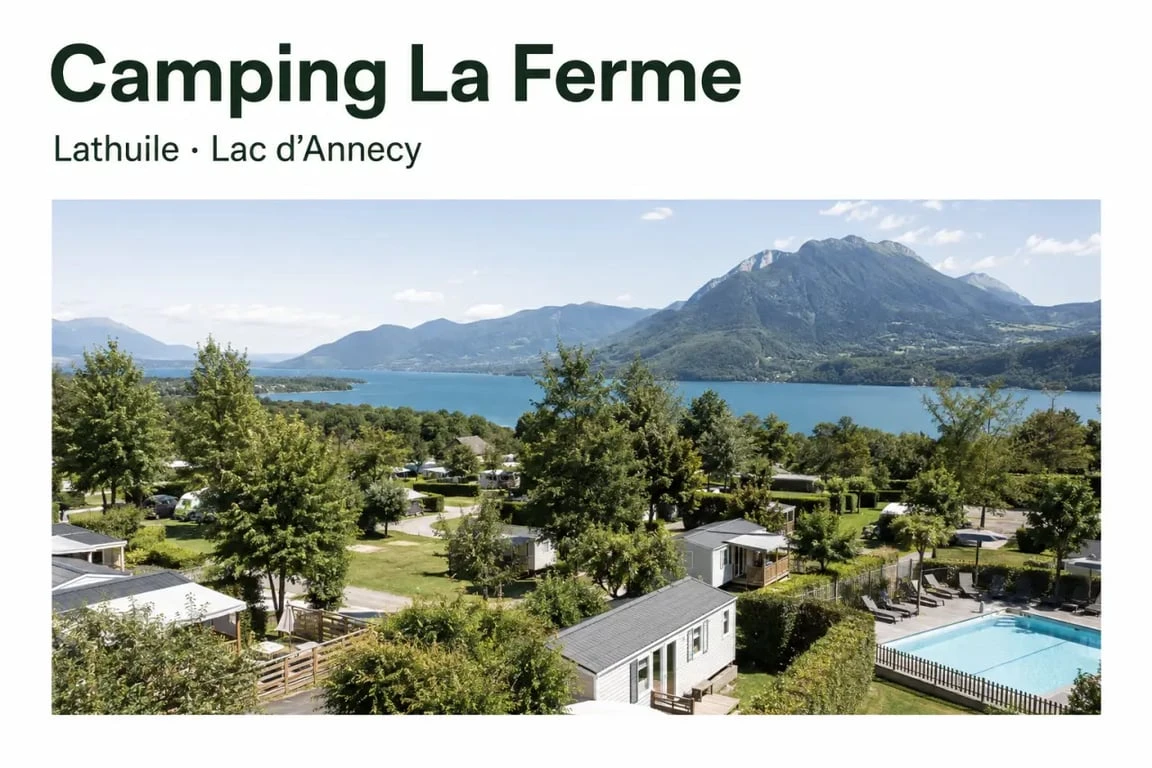 Camping la ferme lac annecy à Lathuile avec le lac et les montagnes en arrière-plan