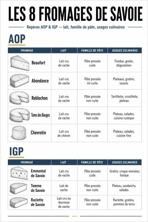 Tableau comparatif des fromages savoie avec labels AOP et IGP