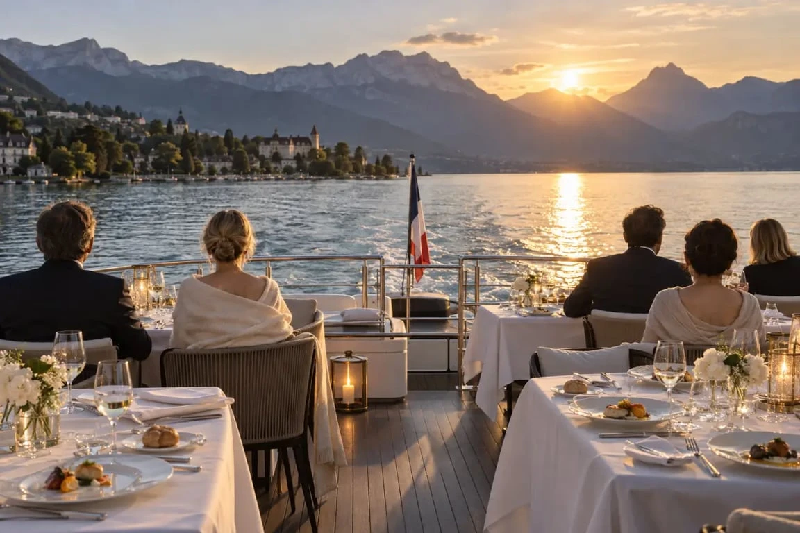 Restaurant bateau à Annecy naviguant sur le lac au coucher du soleil