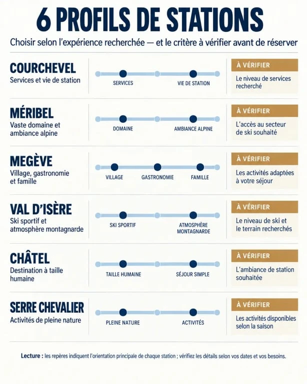 Infographie des destinations pour choisir un chalet Alpes luxe selon l'ambiance recherchée