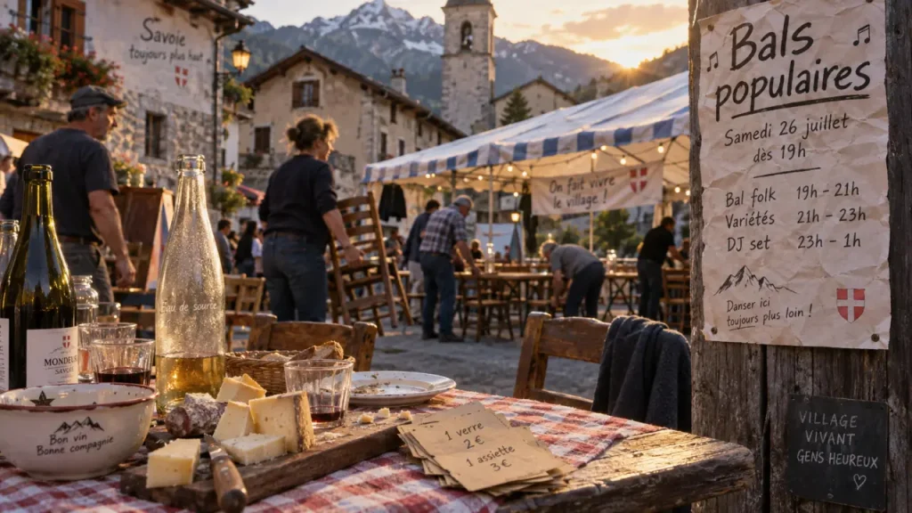 Fête de village aujourd'hui en Savoie : buvette et affiche Bals populaires