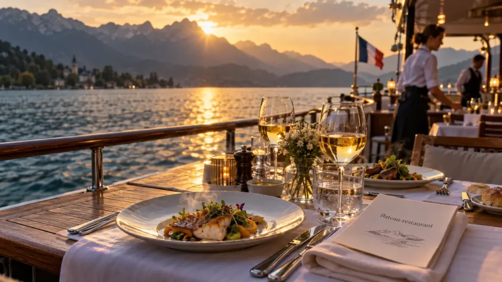 Restaurant bateau Annecy au coucher du soleil sur le lac