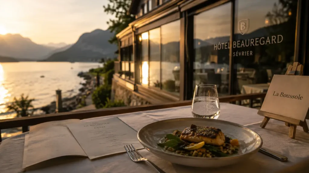 Restaurant la boussole annecy : vue lac à Sévrier, golden hour