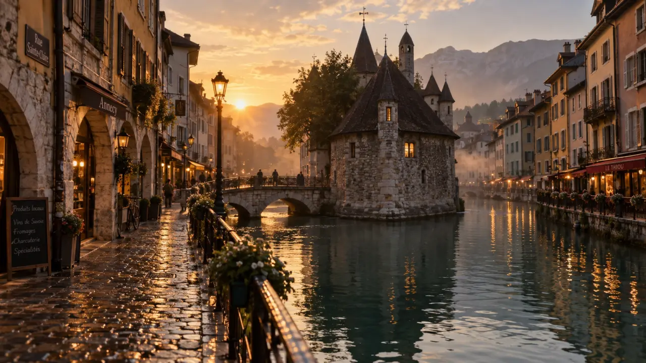 Vieille ville Annecy : canaux et Palais de l’Île au bord du Thiou